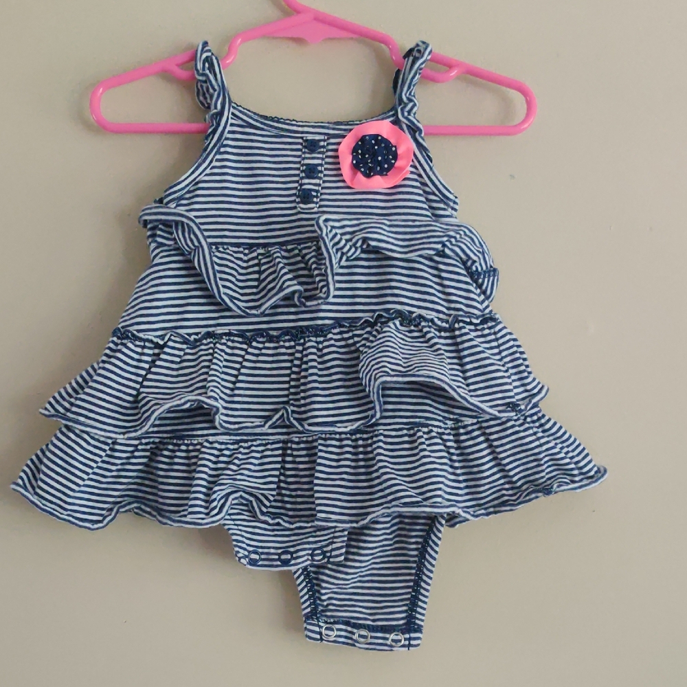 Carter's Navy and White Striped Ruffle Bodysuit with Pink Accent, Romper